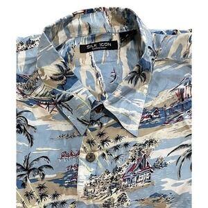 Silk Icon Collection Button Down Shirt Mens XL Blue Tropical Island 100% Silk